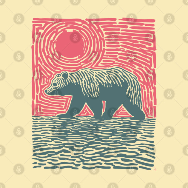 Grizzly Bear Woodblock Nature Art by TuncGK