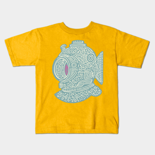 Stylized Fish Diver Helmet Woodcut Kids T-Shirt by TuncGK