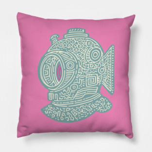 Stylized Fish Diver Helmet Woodcut Pillow