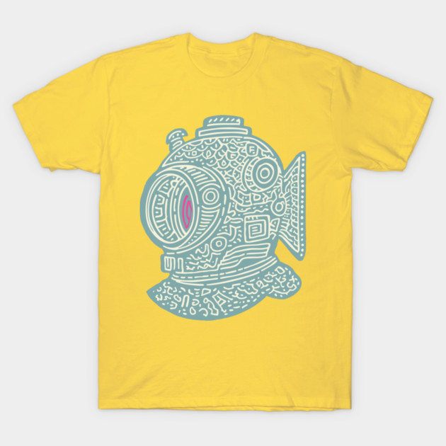 Stylized Fish Diver Helmet Woodcut T-Shirt by TuncGK