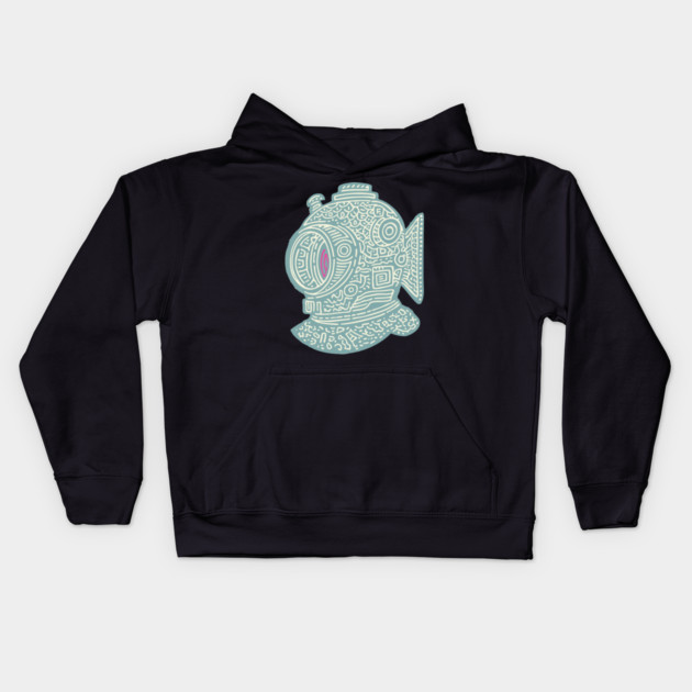 Stylized Fish Diver Helmet Woodcut Kids Hoodie by TuncGK