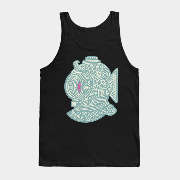 Stylized Fish Diver Helmet Woodcut Tank Top by TuncGK