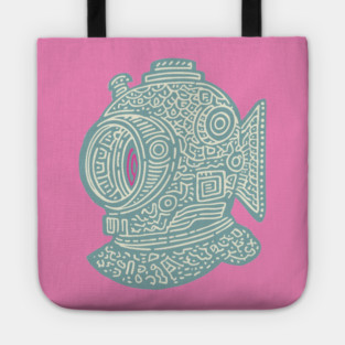 Stylized Fish Diver Helmet Woodcut Tote