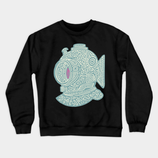 Stylized Fish Diver Helmet Woodcut Crewneck Sweatshirt by TuncGK