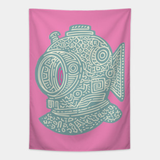 Stylized Fish Diver Helmet Woodcut Tapestry