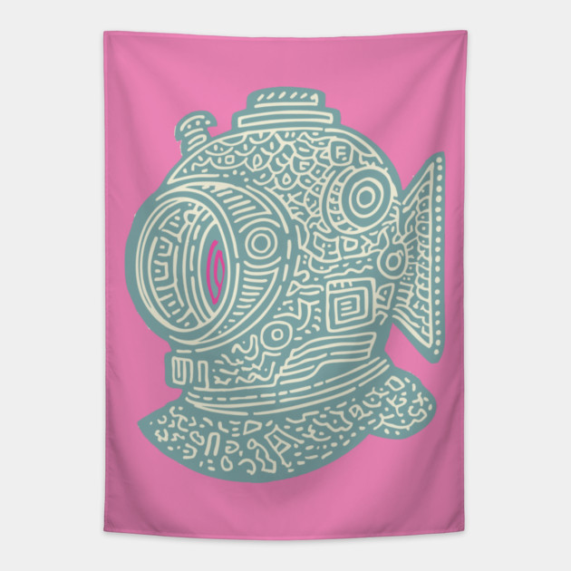 Stylized Fish Diver Helmet Woodcut Tapestry by TuncGK