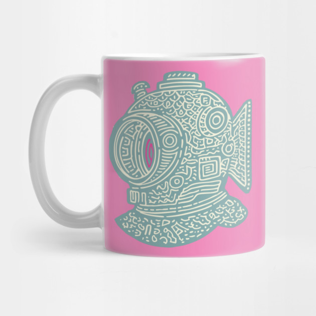 Stylized Fish Diver Helmet Woodcut by TuncGK