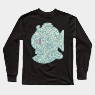 Stylized Fish Diver Helmet Woodcut Long Sleeve T-Shirt