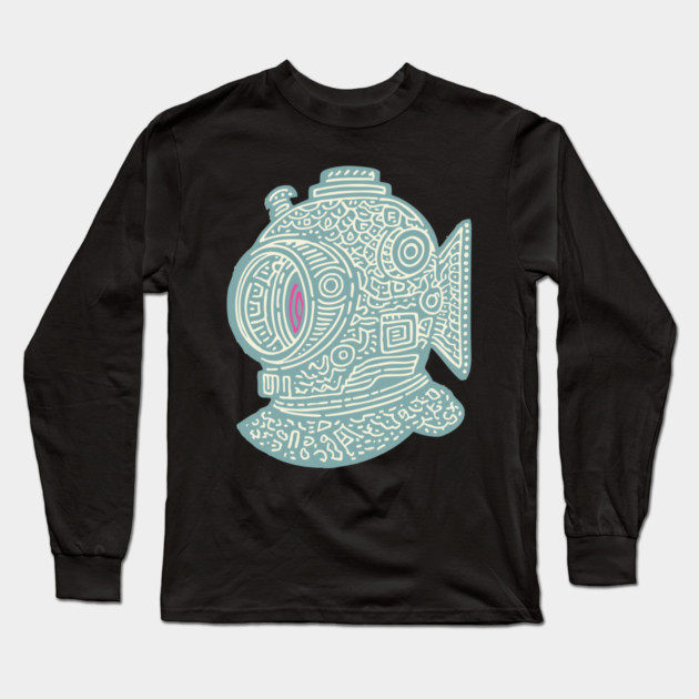 Stylized Fish Diver Helmet Woodcut Long Sleeve T-Shirt by TuncGK
