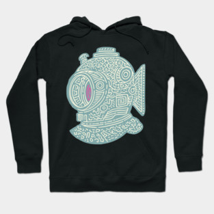 Stylized Fish Diver Helmet Woodcut Hoodie