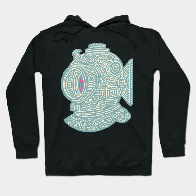 Stylized Fish Diver Helmet Woodcut Hoodie by TuncGK