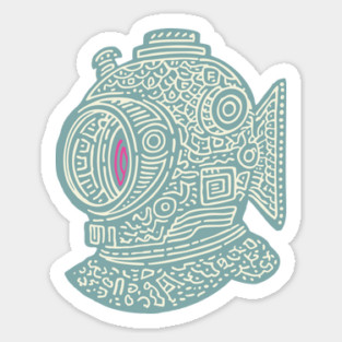 Stylized Fish Diver Helmet Woodcut Sticker