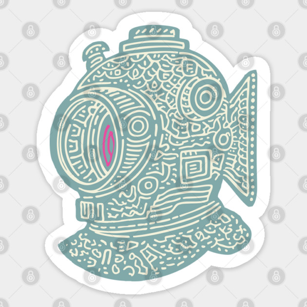 Stylized Fish Diver Helmet Woodcut Sticker by TuncGK