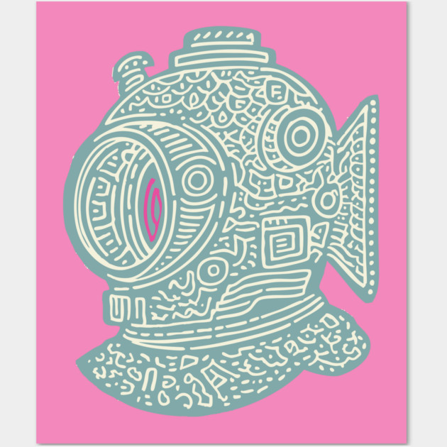 Stylized Fish Diver Helmet Woodcut Wall Art by TuncGK