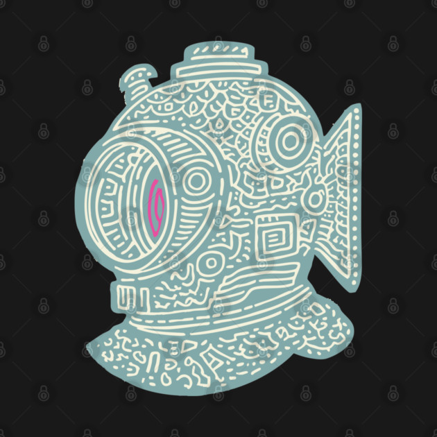 Stylized Fish Diver Helmet Woodcut by TuncGK
