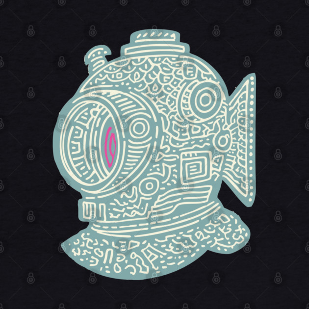 Stylized Fish Diver Helmet Woodcut by TuncGK