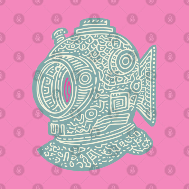 Stylized Fish Diver Helmet Woodcut by TuncGK