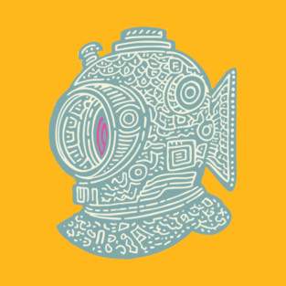 Stylized Fish Diver Helmet Woodcut T-Shirt