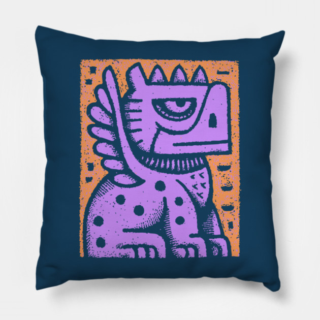 Mythical Griffin Folk Art Print Pillow by TuncGK