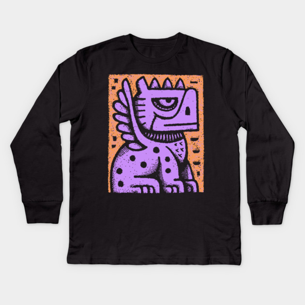 Mythical Griffin Folk Art Print Kids Long Sleeve T-Shirt by TuncGK