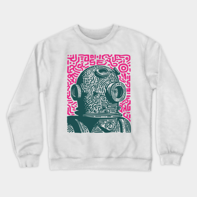 Vintage Deep Sea Diver Linocut Crewneck Sweatshirt by TuncGK