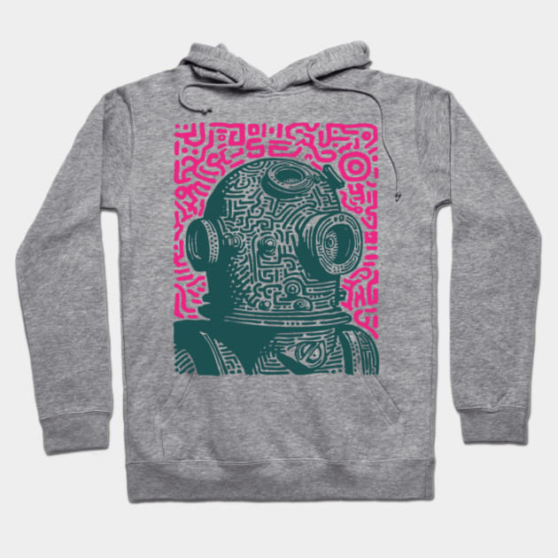 Vintage Deep Sea Diver Linocut Hoodie by TuncGK