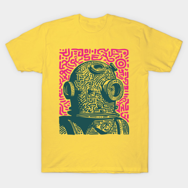 Vintage Deep Sea Diver Linocut T-Shirt by TuncGK