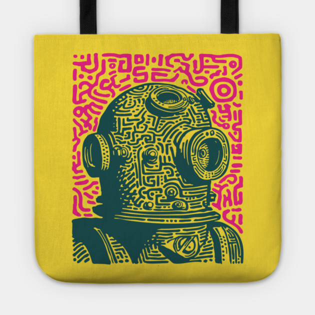 Vintage Deep Sea Diver Linocut Tote by TuncGK