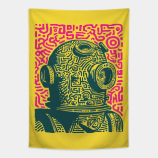 Vintage Deep Sea Diver Linocut Tapestry