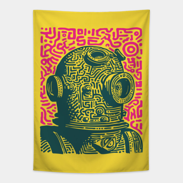 Vintage Deep Sea Diver Linocut Tapestry by TuncGK