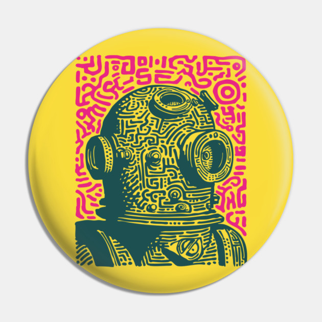 Vintage Deep Sea Diver Linocut Pin by TuncGK