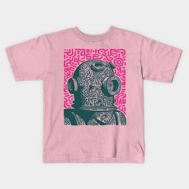 Vintage Deep Sea Diver Linocut Kids T-Shirt by TuncGK