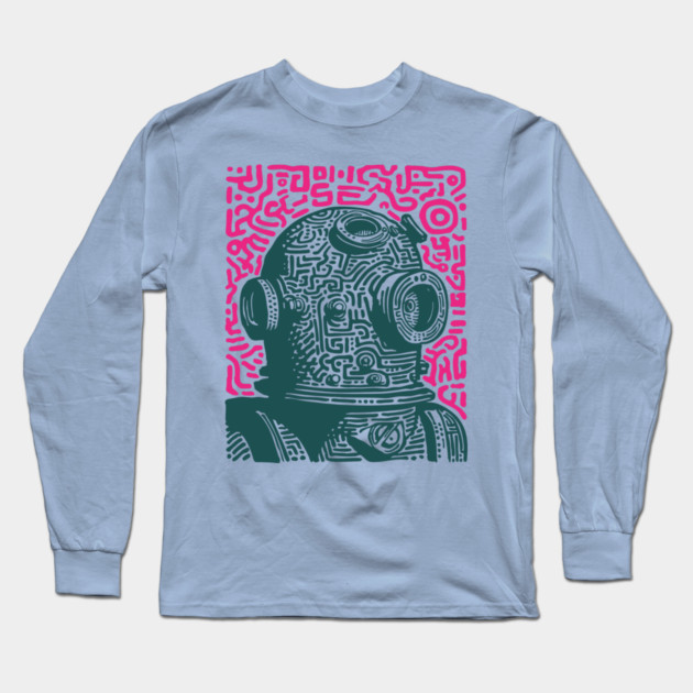 Vintage Deep Sea Diver Linocut Long Sleeve T-Shirt by TuncGK