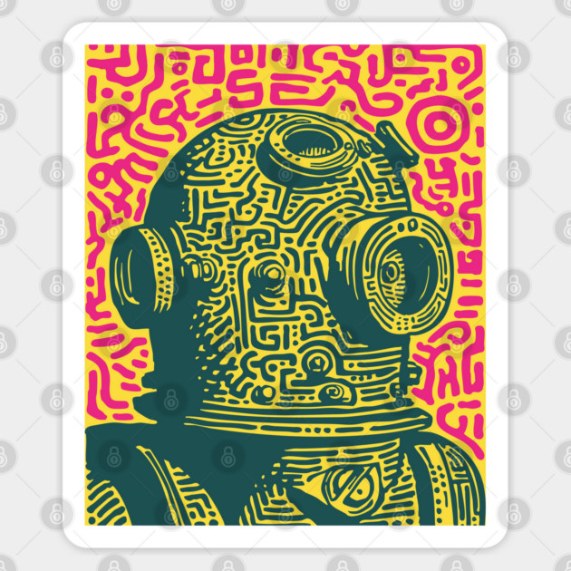 Vintage Deep Sea Diver Linocut Sticker by TuncGK