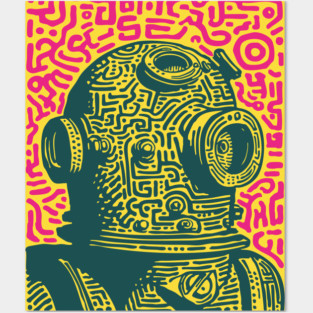 Vintage Deep Sea Diver Linocut Posters and Art