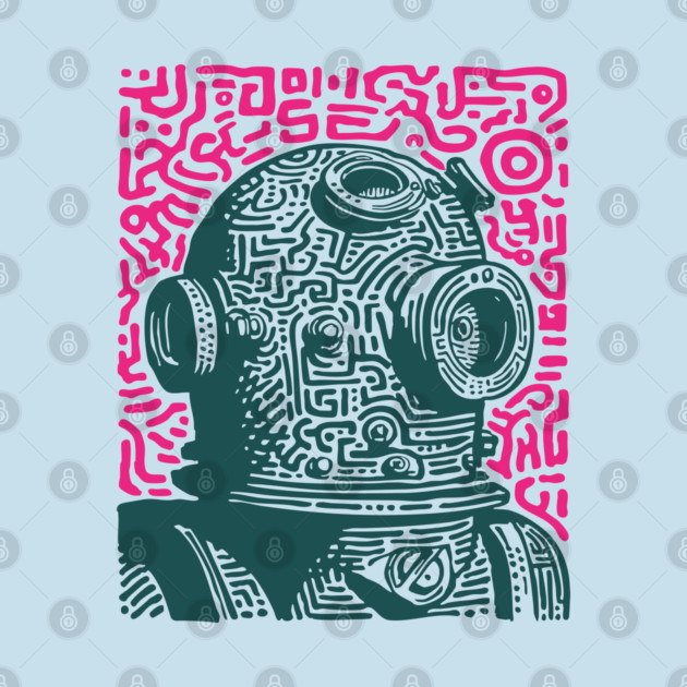 Vintage Deep Sea Diver Linocut by TuncGK