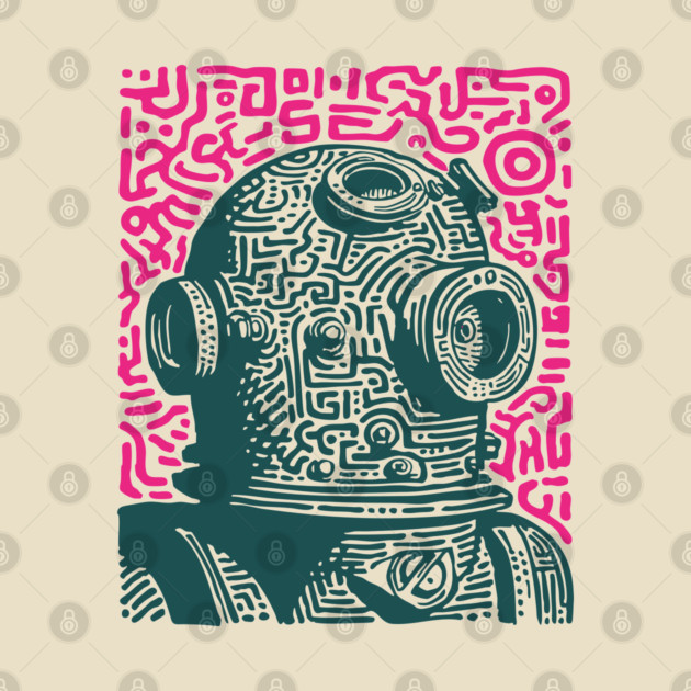 Vintage Deep Sea Diver Linocut by TuncGK