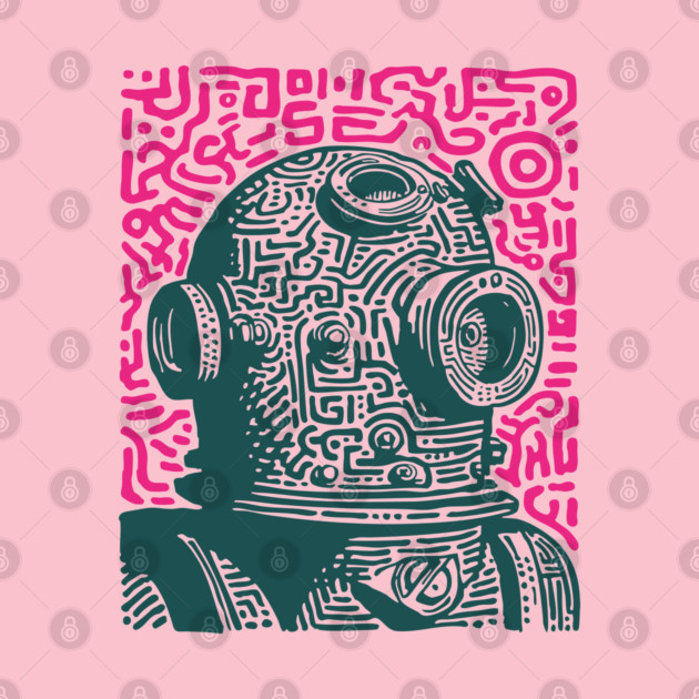 Vintage Deep Sea Diver Linocut by TuncGK