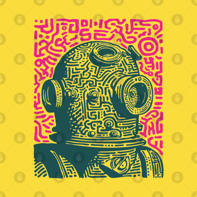 Vintage Deep Sea Diver Linocut by TuncGK