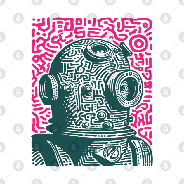 Vintage Deep Sea Diver Linocut by TuncGK