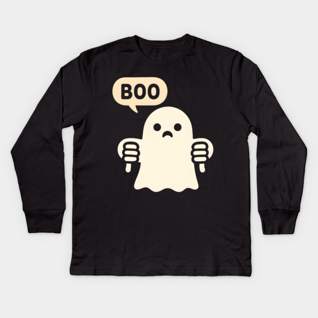 Sad Ghost Saying “Boo” – Funny Halloween Ghost Graphic Kids Long Sleeve T-Shirt by MakerMind8.2