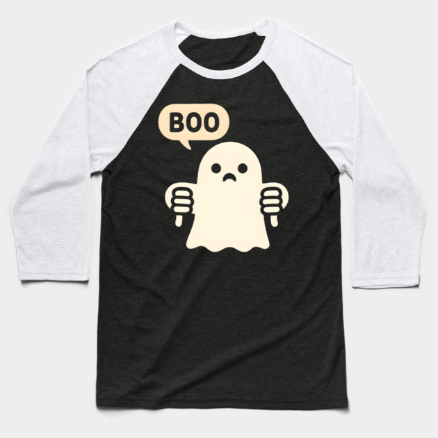 Sad Ghost Saying “Boo” – Funny Halloween Ghost Graphic Baseball T-Shirt by MakerMind8.2