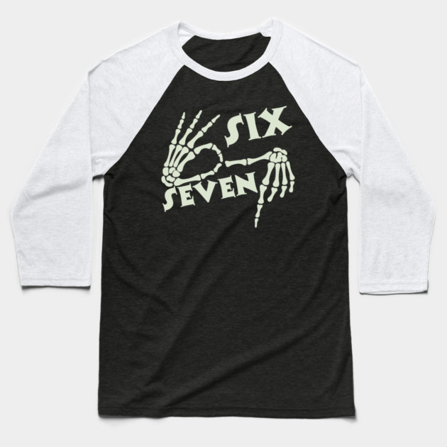 67 Skeleton Hand Sign Halloween Meme Baseball T-Shirt by The WYLD Tribe