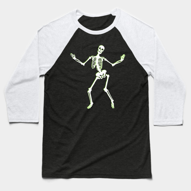 Neon Groove – Funky Dancing Halloween Skeleton Baseball T-Shirt by Butter Creative