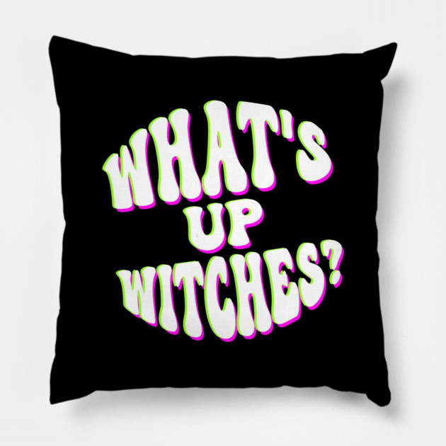 What’s Up Witches? Funny Neon Halloween Wordplay Pillow by Butter Creative
