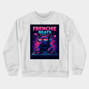Frenchie Beats DJ T-Shirt | Retro Neon French Bulldog at the DJ Booth | Party Vibes Music Dog Design for Club & Music Lovers Crewneck Sweatshirt