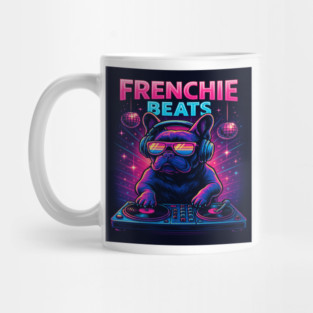 Frenchie Beats DJ T-Shirt | Retro Neon French Bulldog at the DJ Booth | Party Vibes Music Dog Design for Club & Music Lovers Mug