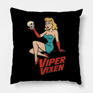 Retro Pinup Viper Vixen Holding Skull Pillow