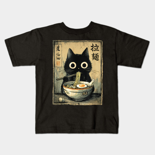 Kawaii Ramen Cat Retro Japanese Noodles Artwork Kids T-Shirt by ThatHorrorBozo