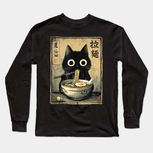 Kawaii Ramen Cat Retro Japanese Noodles Artwork Long Sleeve T-Shirt by ThatHorrorBozo